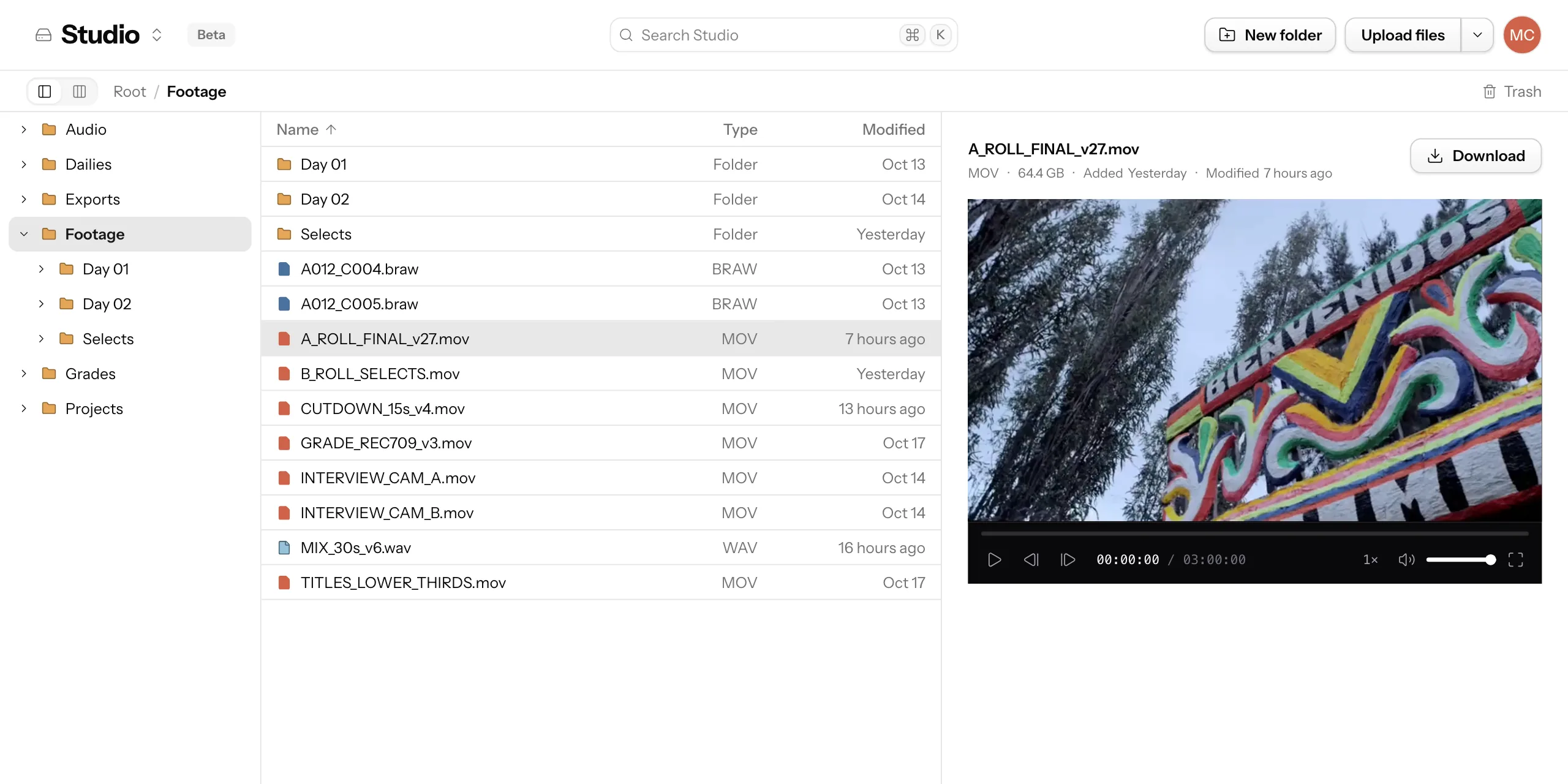 The Spools web app: a Footage folder of camera files with a 64 GB clip previewed