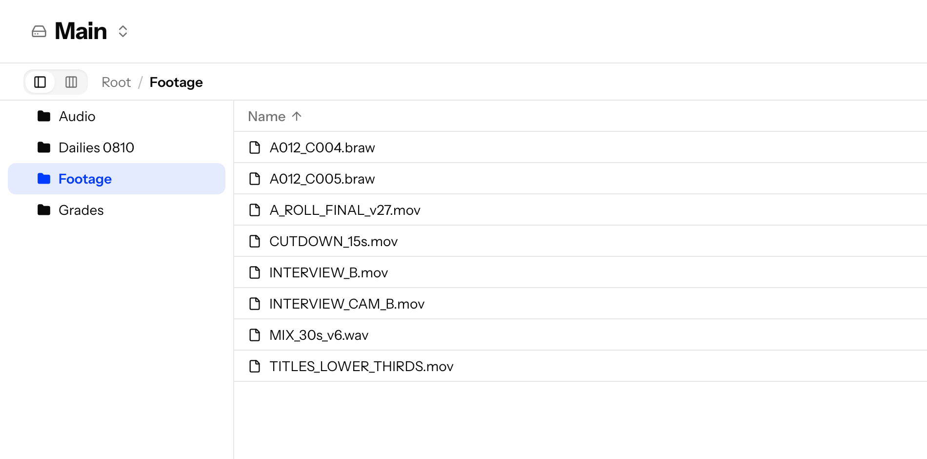 The Spools web app listing footage files